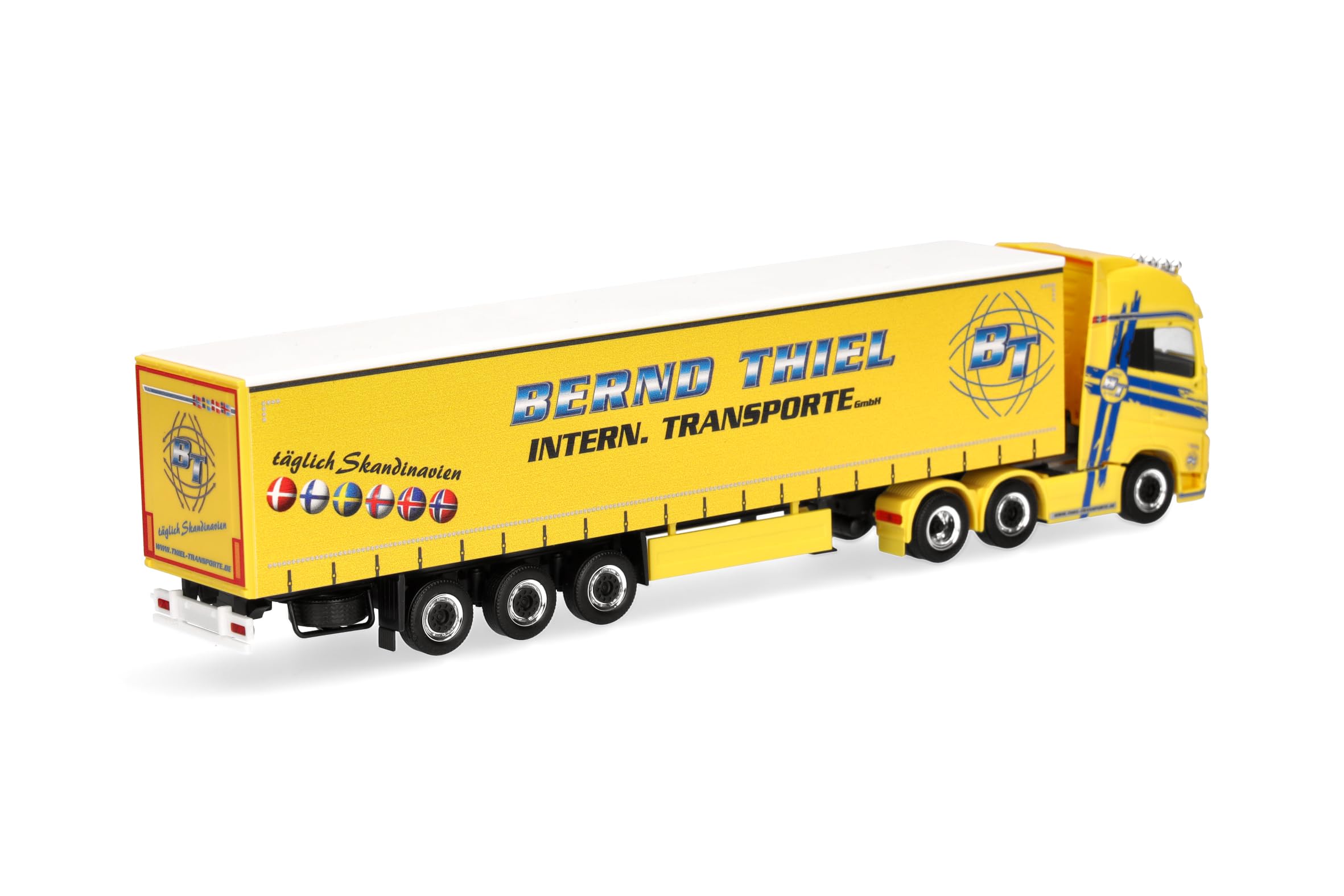 Herpa model ciężarówki Volvo FH GL XL 2020 6x2 naczepa plandekowa „Bernd Thiel Transporte”, miniatura w skali 1:87, model kolekcjonerski, Made in Germany, tworzywo sztuczne