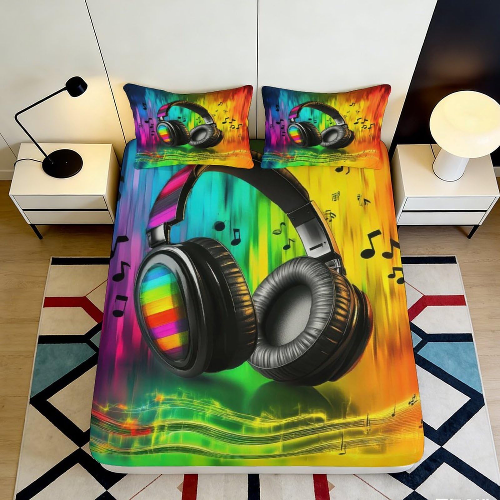 3D Printed Colorful Headphones Fitted Sheet Microfiber Soft Breathable Music Notes Mattress Cover for Bedroom Dormitory Guest Room Mattress Protection 160x200x25cm