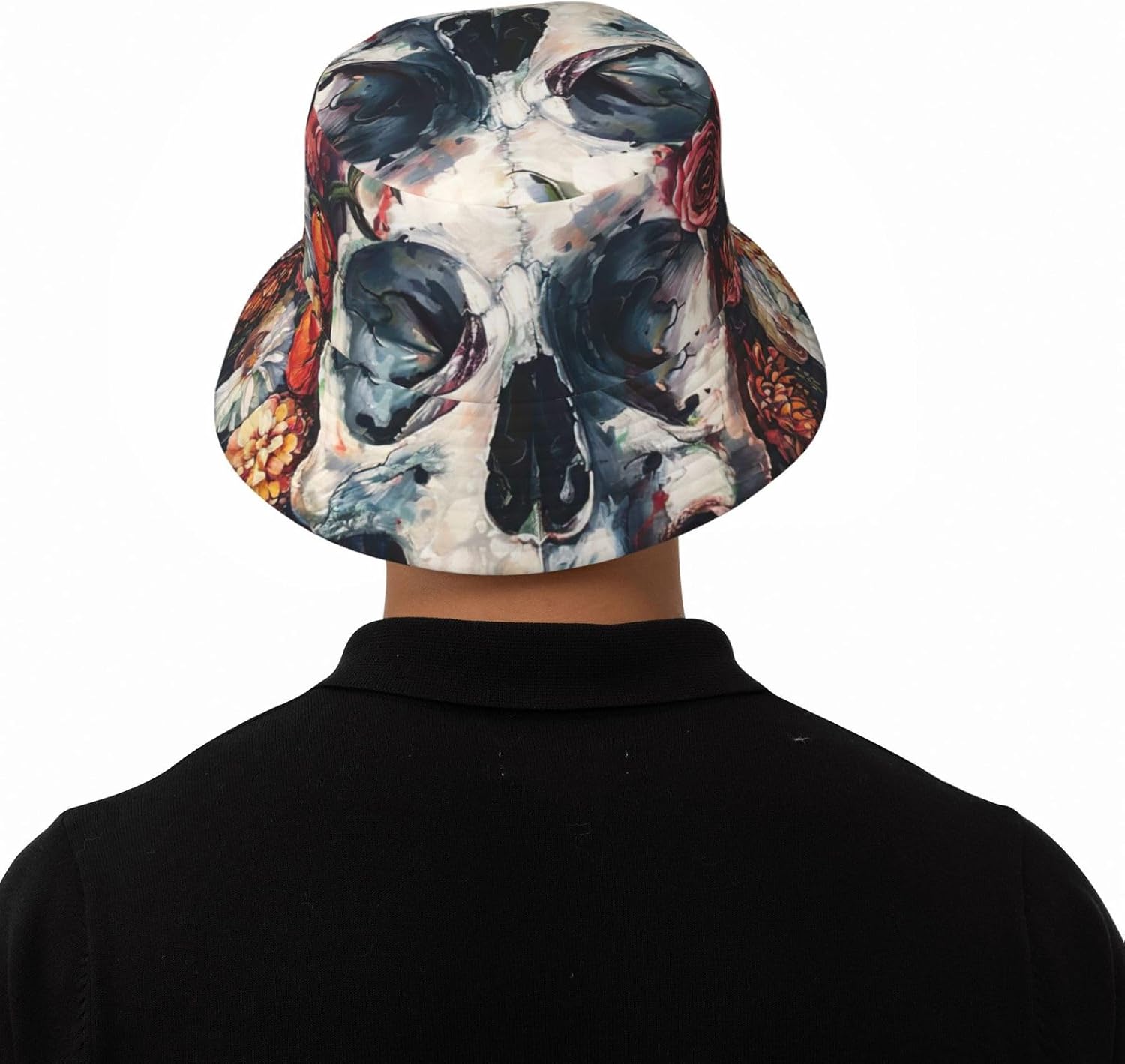 Floral Skull Print Sun Hat Outdoor Fisherman Cap Summer Bucket Hat Beach for Men Women Black