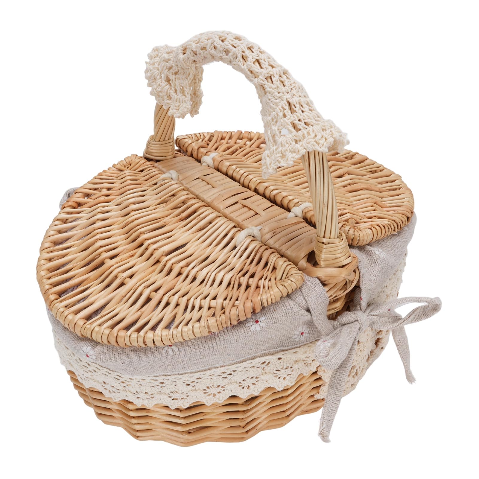 Saluaqui Picnic Basket with Removable Liner Outdoor Picnic Hamper for Fruits and Snacks Wood Color Small Size with Red Plaid Liner Ideal for Camping Mother's Day and Easter Celebrations (Daisy)