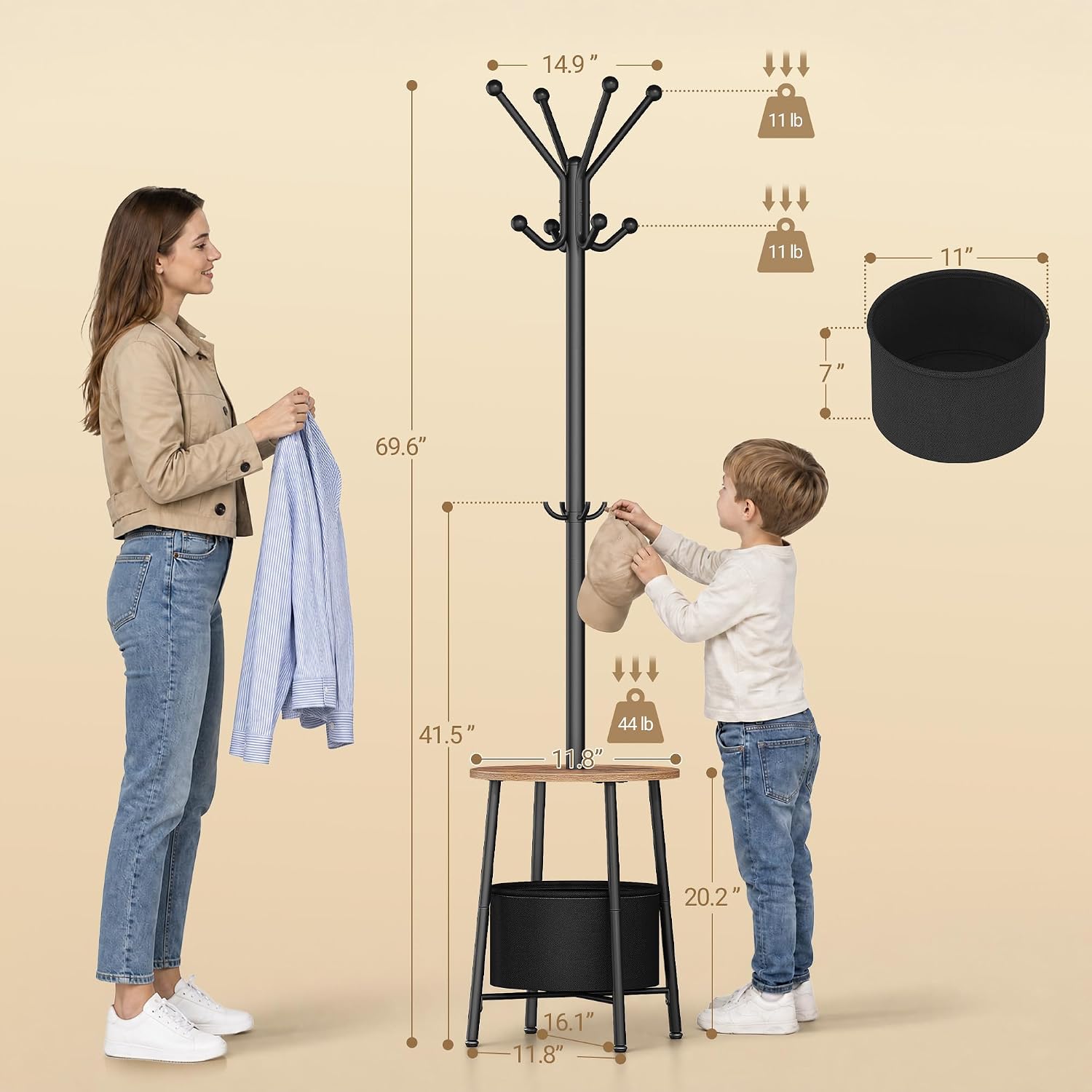 Hzuaneri Coat Rack, Free Standing Coat Stand with Large Storage Basket