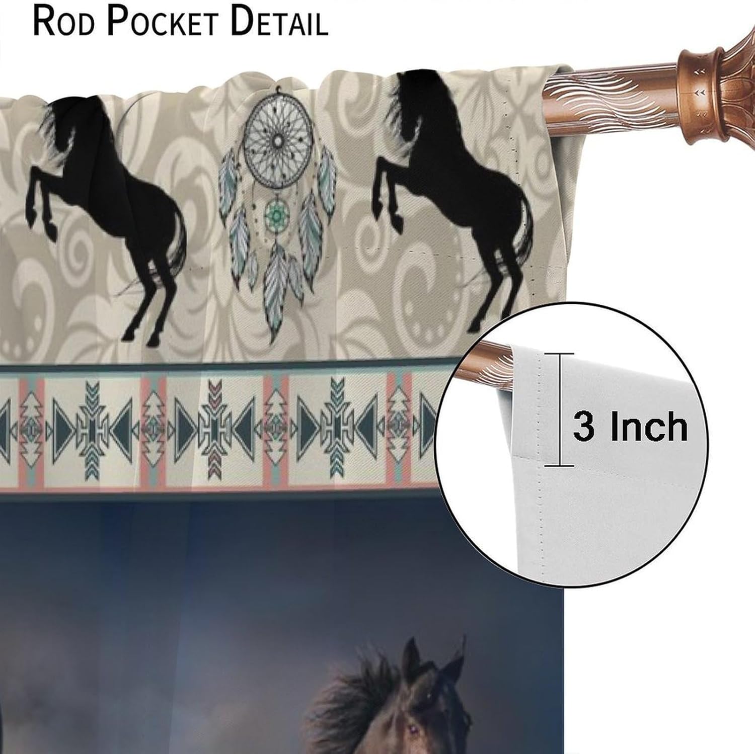Horse Blackout Curtain, Western Rustic Farmhouse Aztec Style Drapes Farm Animals Run Horse Window 2 Panels Rod Pocket Curtain for Kitchen Living Room Bedroom Office Decor 42x45in