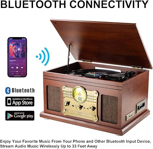 Miniatura 4 de Tocadiscos Bluetooth 10 en 1, tocadiscos de 3 velocidades para vinilo con altavoces, convertidor LP a MP3, CD, reproductor de cassette, radio FM,