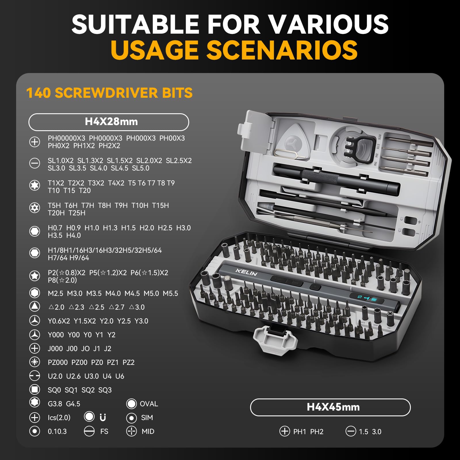 KELIN Destornillador eléctrico 156 en 1, juego de destornilladores de potencia de precisión, 5 niveles de par y 140 puntas magnéticas de acero S2, regalos para hombres, kit de herramientas de