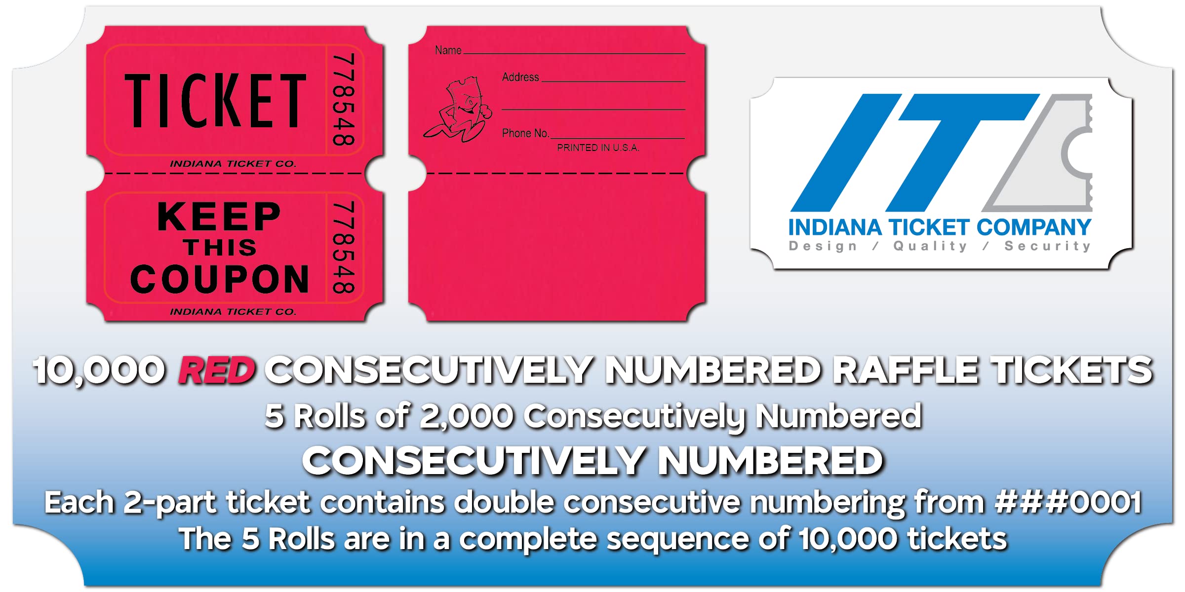 INDIANA TICKET CO., Rollo de 10000 tiques de rifa numerados de forma consecutiva, Rojo 5 rollos de 2000 tiques para premios de clase, eventos, recaudación de fondos, entradas, rifas, premios, tiques