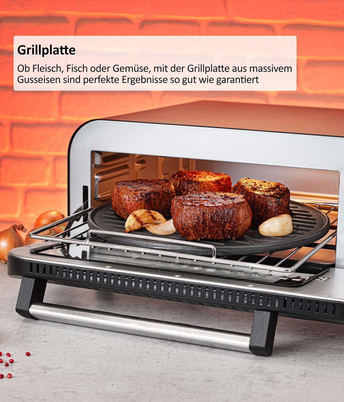 Genius Chef Four à pizza électrique, 10 en 1, 8 pièces, 400 °C, 2000 W, Airfryer intégré, grill à steak, pierre à pizza et pelle à pizza incluses, 4 modes, maintien au chaud avec triple vitrage