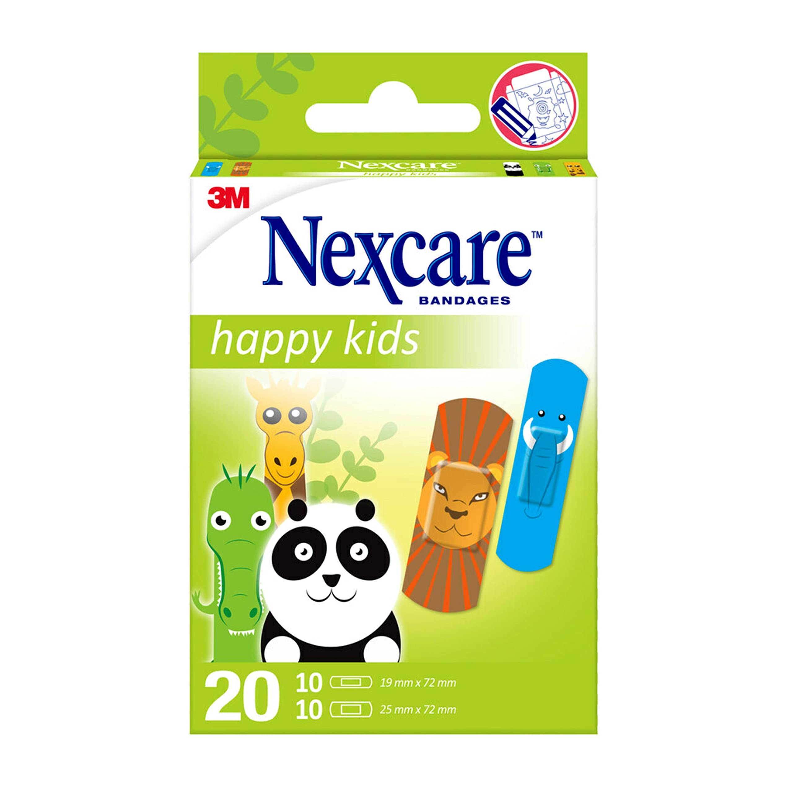 Nexcare Animals Kids Plasters Assorted by 3M Pack of 20, Cute Colourful Animal-Design Bandages Children Love, Gentle Flexible Plasters in Assorted Sizes that Comfort Little Ones Through Cuts & Grazes