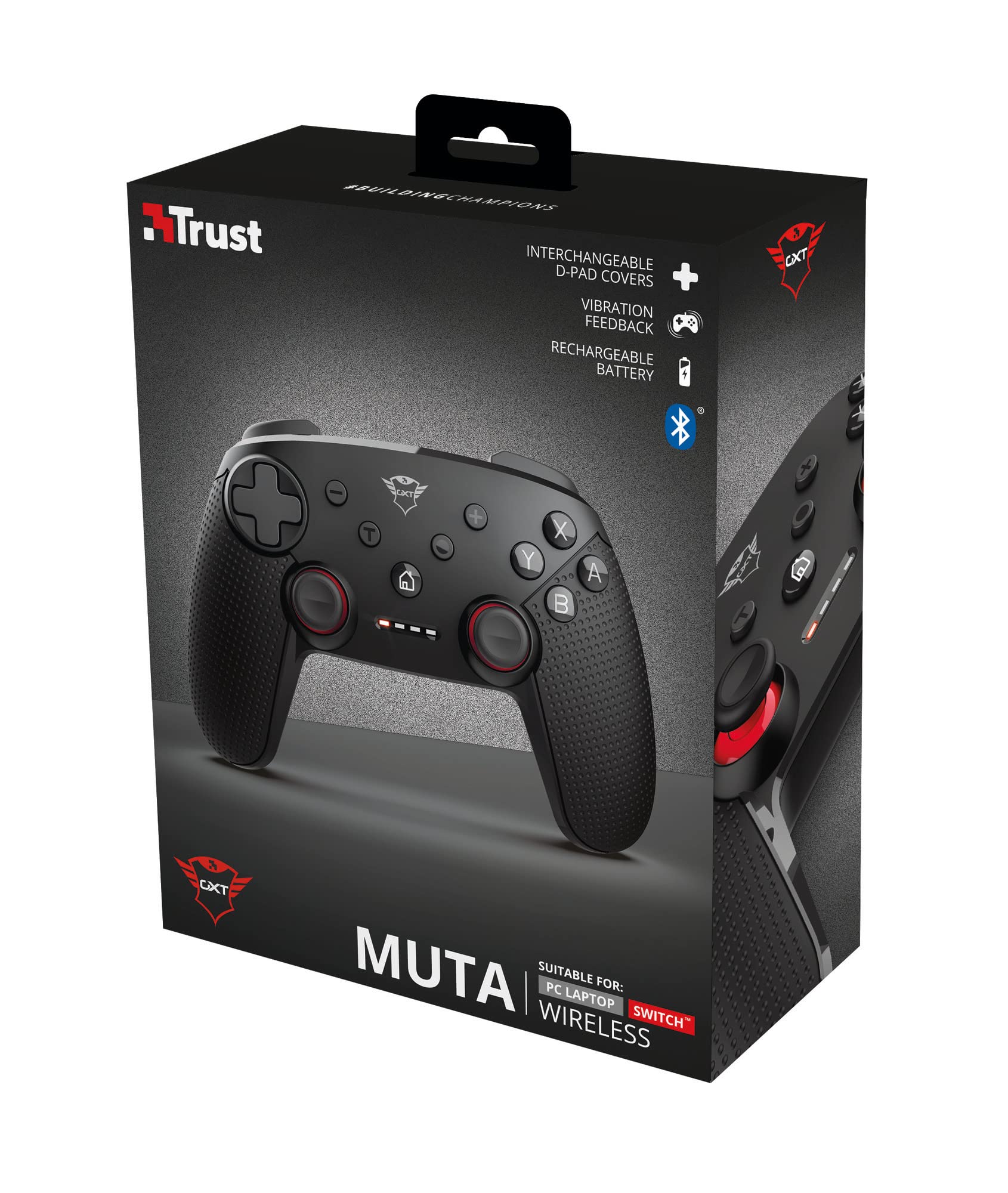 Trust Gaming GXT 1230 Muta Mando Inalámbrico Bluetooth para Nintendo Switch y PC, 15 Botones, 2 Joysticks Analógicos, Mando de Juegos con Batería Recargable y Respuesta de Vibración - Negro