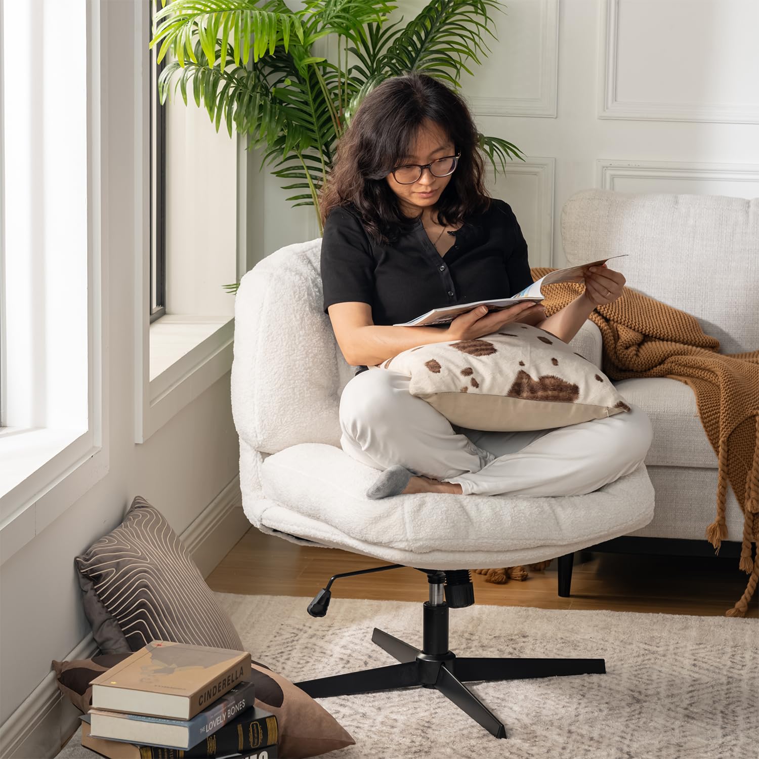 MEUBLE Cosy Sillón Giratoria 360° Butaca de Salón Función de Inclinación para Dormitorio Oficina Silla con Asiento Grueso Respaldo sin Reposabrazos Ruedas en Tela de Bucle Blanco
