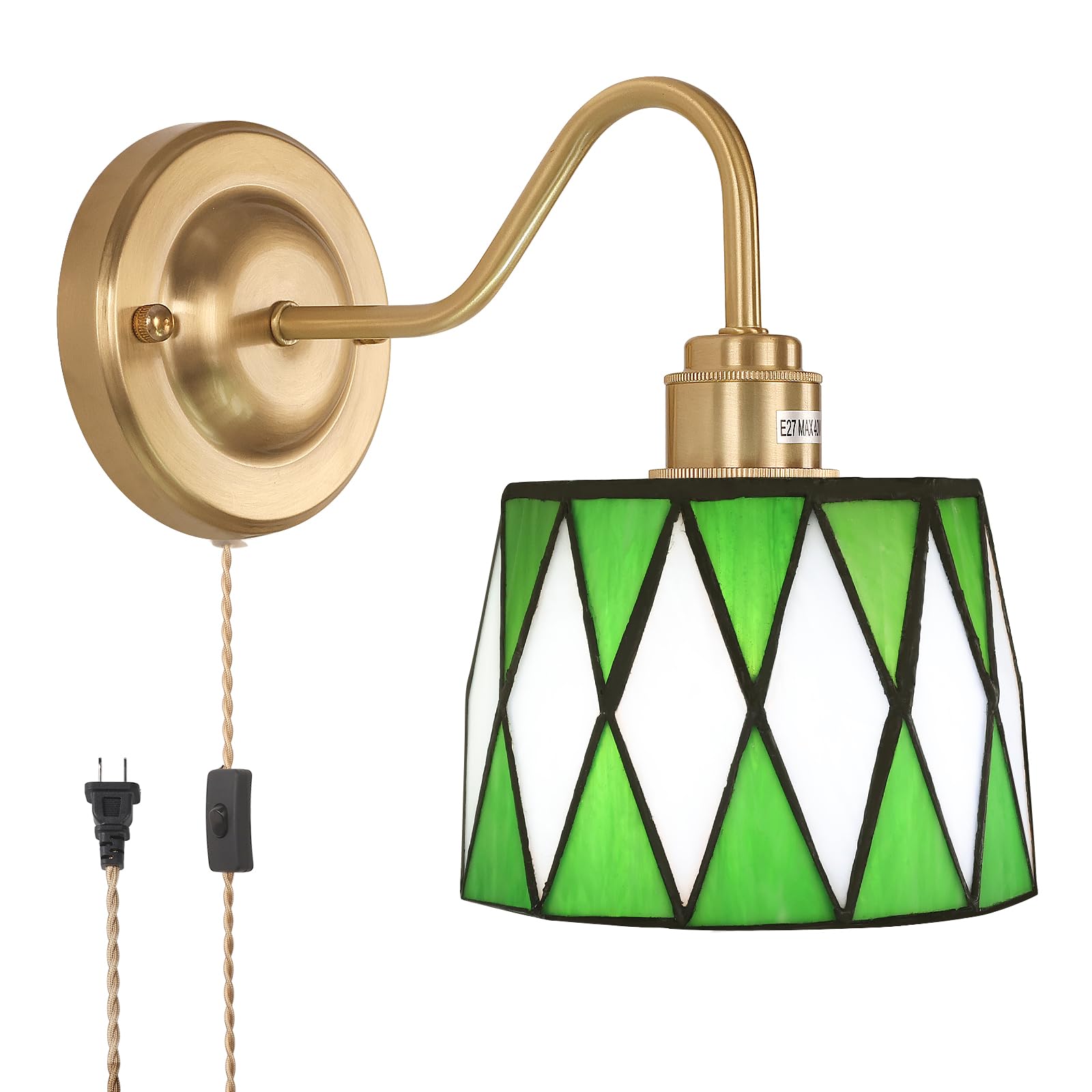 Vintage Wall Sconce, Wall Mounted Lamps with Green Checker Sconce, Stained Glass Shade Gold Wall Lights Fixture with Plug in Cord and Switch for Bedroom Bathroom Living Room Hallway