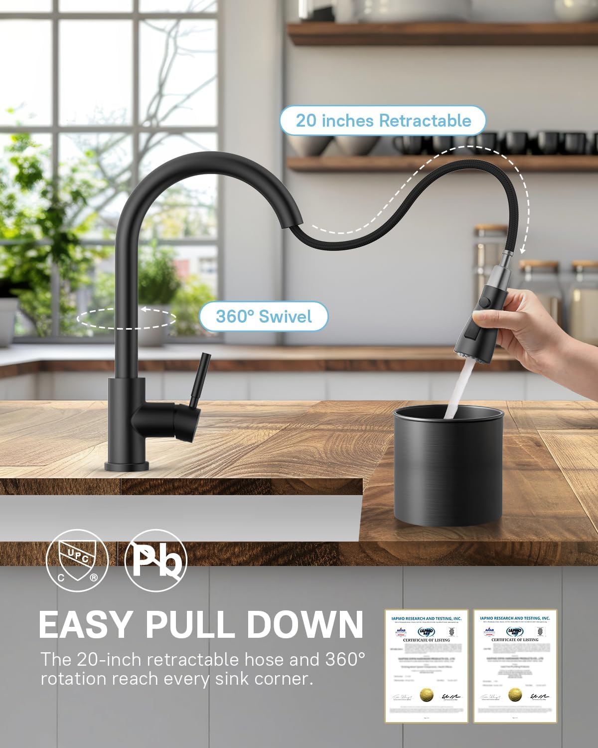 Image showing the WEWE Kitchen Faucet with its pull-down sprayer extended, demonstrating the 20-inch retractable hose and 360-degree swivel feature.