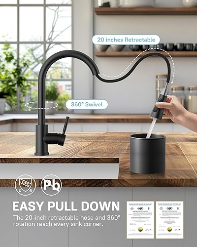 Vista 27 de WEWE grifo de cocina de una sola manija, de arco alto, extraíble, níquel pulido, grifos para fregaderos de cocina de una sola palanca, de acero