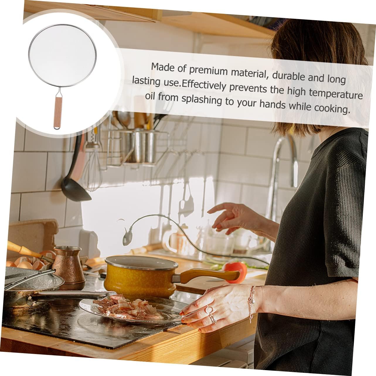 Stainless Steel Splatter Screen Wooden Long Handle Oil-Splash Guard for Frying Pans Kitchen Cooking Lid Heat-Resistant Easy to Use