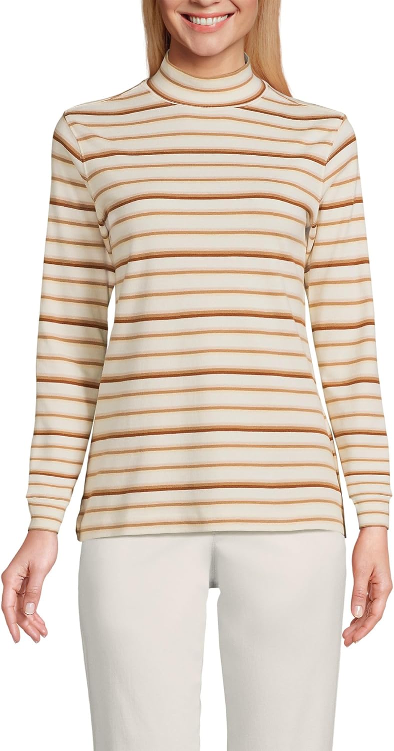 Lands' End Women Long Sleeve Relaxed Cotton Mock Ivory/Brown Stripe