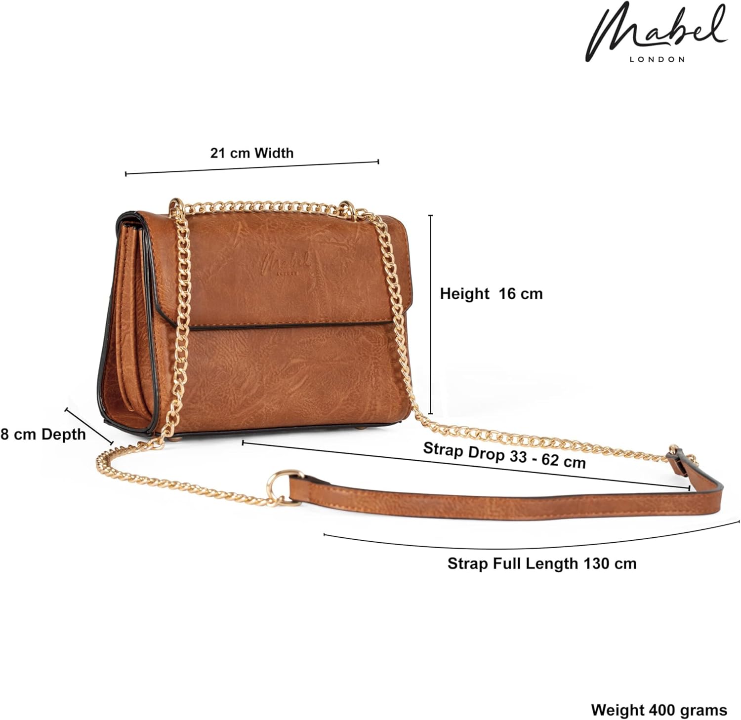 Mabel London Womens Small Structured Shoulder Bag with Long Metal Chain Strap - Cove