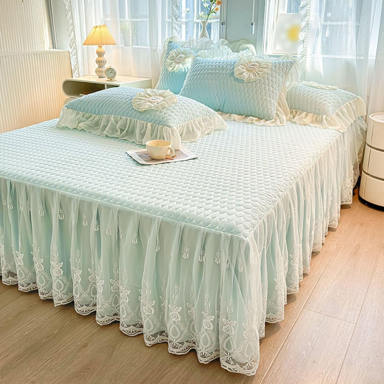 Couvre lit épais bleu clair 180x220cm à dentelle pour cocooning hivernal au chaud
