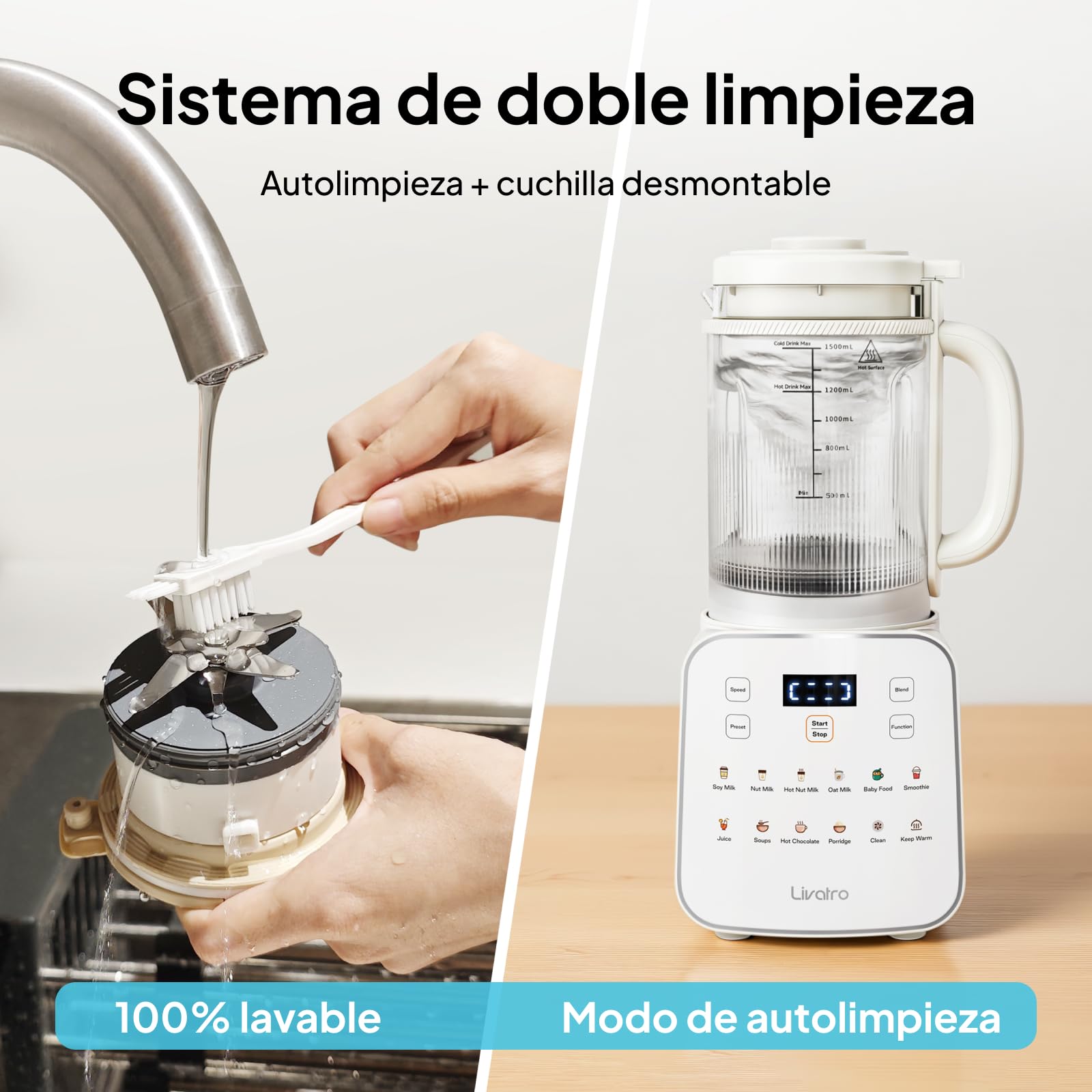 Máquina para leche vegetal 1,5 L 12‑en‑1,fabricante de leche de soja automático,diseño desmontable,leche de almendra/avena y jugos,inicio diferido 24 h,mantener caliente,autolimpieza