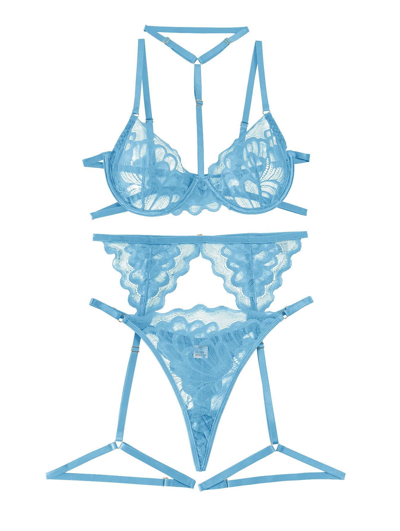 Lilosy Sexy Choker Floral Lace Underwire Push Up Garter Belt Lingerie Set for Women Sheer Bra and Panty 3 Piece