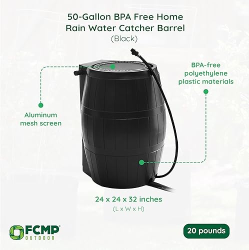 Miniatura 8 de FCMP Outdoor RC4000-BLK Barril recolector de agua, 50galones, sin bisfenol A, parte trasera plana, para el hogar, almacenamiento de agua, regar