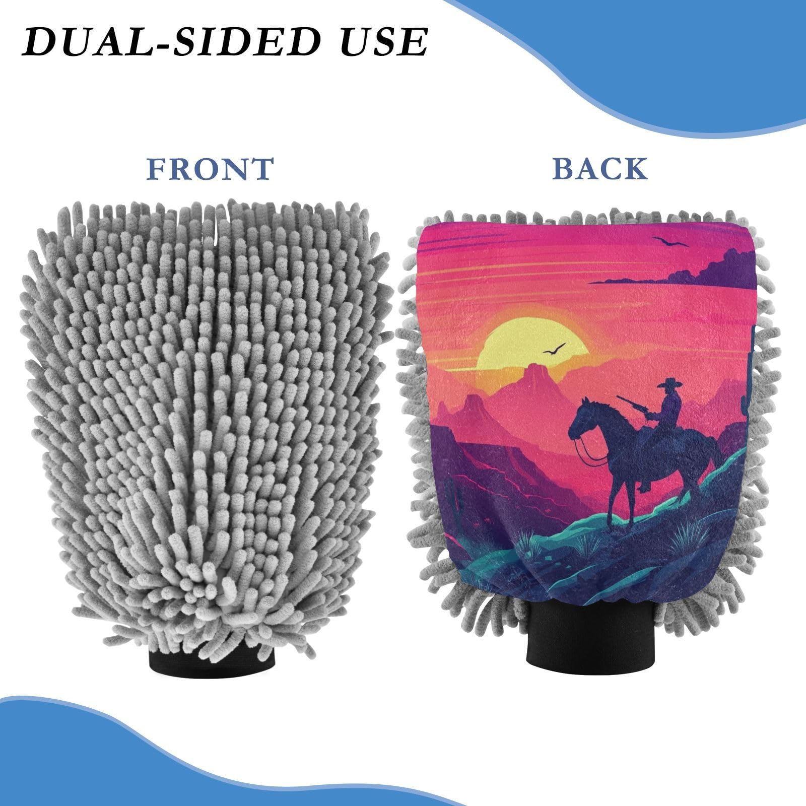 Flradish 2 Pack Cowboys Car Wash Mitt Chenille Microfiber Lint-Free Scratch Free Ultra-Soft Absorbent Car Wash Mitt 10.2x7.09 Inch