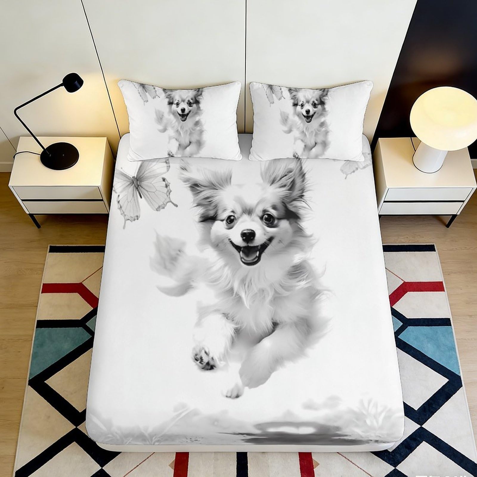 3D Printed Playful Dog Fitted Sheet Microfiber Breathable Black White Puppy Mattress Cover for Bedroom Dorm Decor 90x200x25cm
