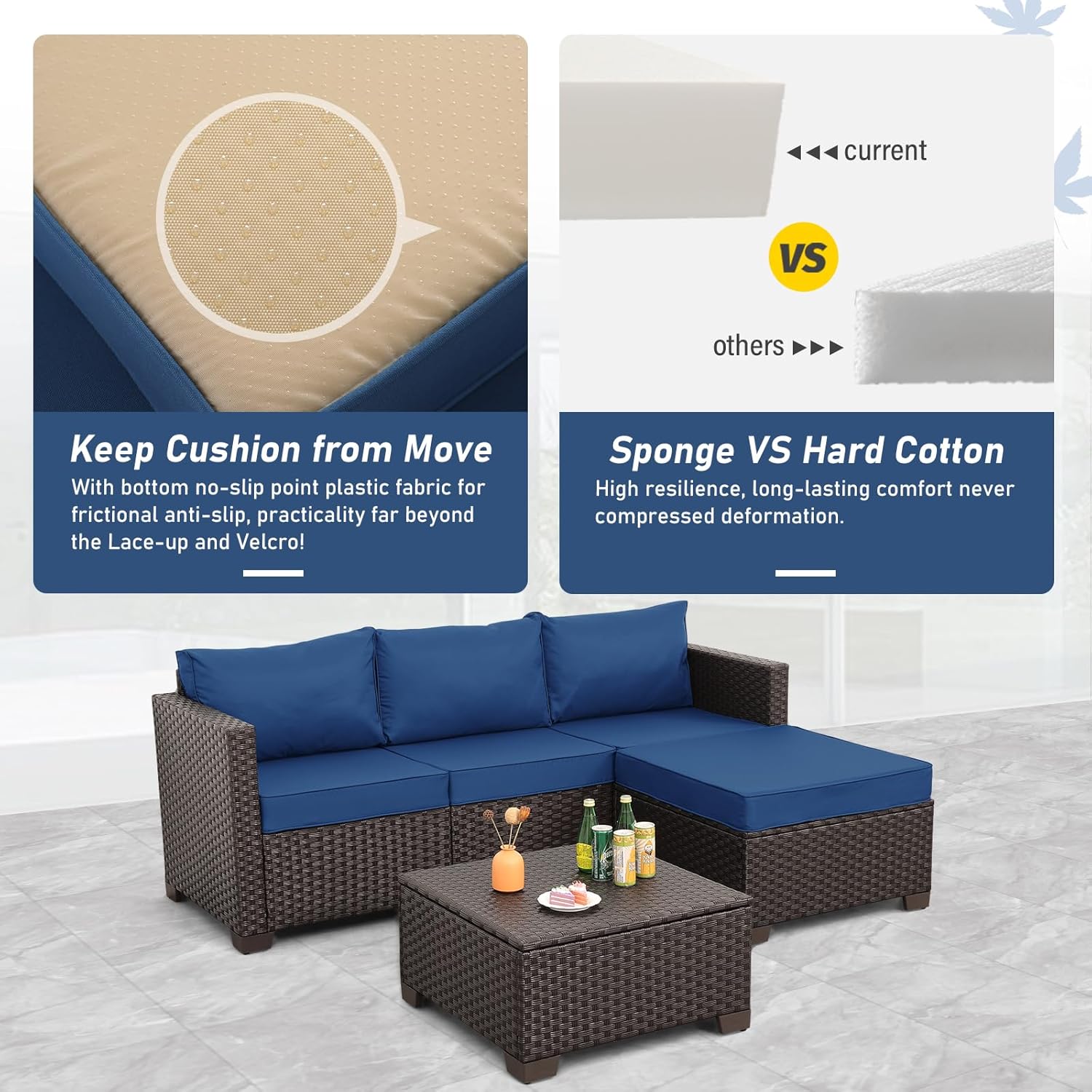 Patio Furniture Set 3 Pieces Outdoor Sectional Sofa Set Wicker Patio Furniture Outdoor Couch Outdoor Ottoman Coffee Table with Storage All-Weather Anti-Slip Cushions Waterproof Covers, Navy Blue