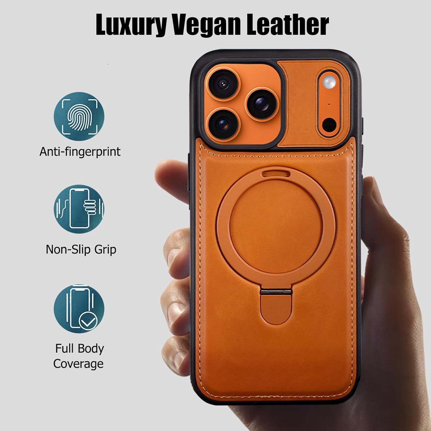 for iPhone 17 Pro Leather Case with Magnetic Ring Holder,[Compatible with Wireless Charging] Luxury Slim Shockproof Non-Slip Protective Kickstand Cover for iPhone 17 Pro (Brown) - Image 5
