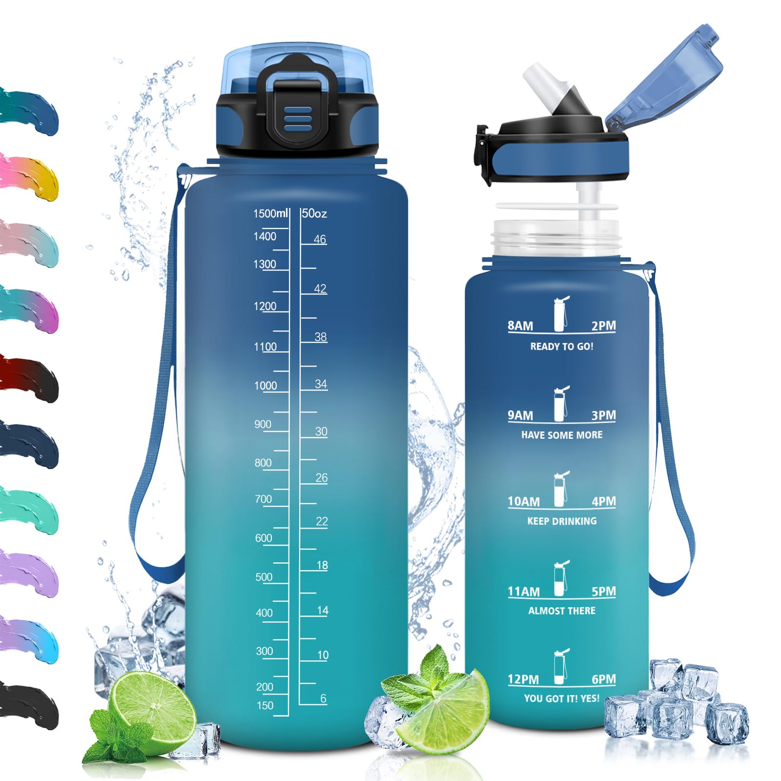 Vikaster Sport Trinkflasche, Trinkflasche mit Strohhalm 1.5L, Wasserflasche BPA-Free, Leak-Proof, Sportflasche für Camping, Yoga, Gym, Outdoors, Blaugrün-1500ml
