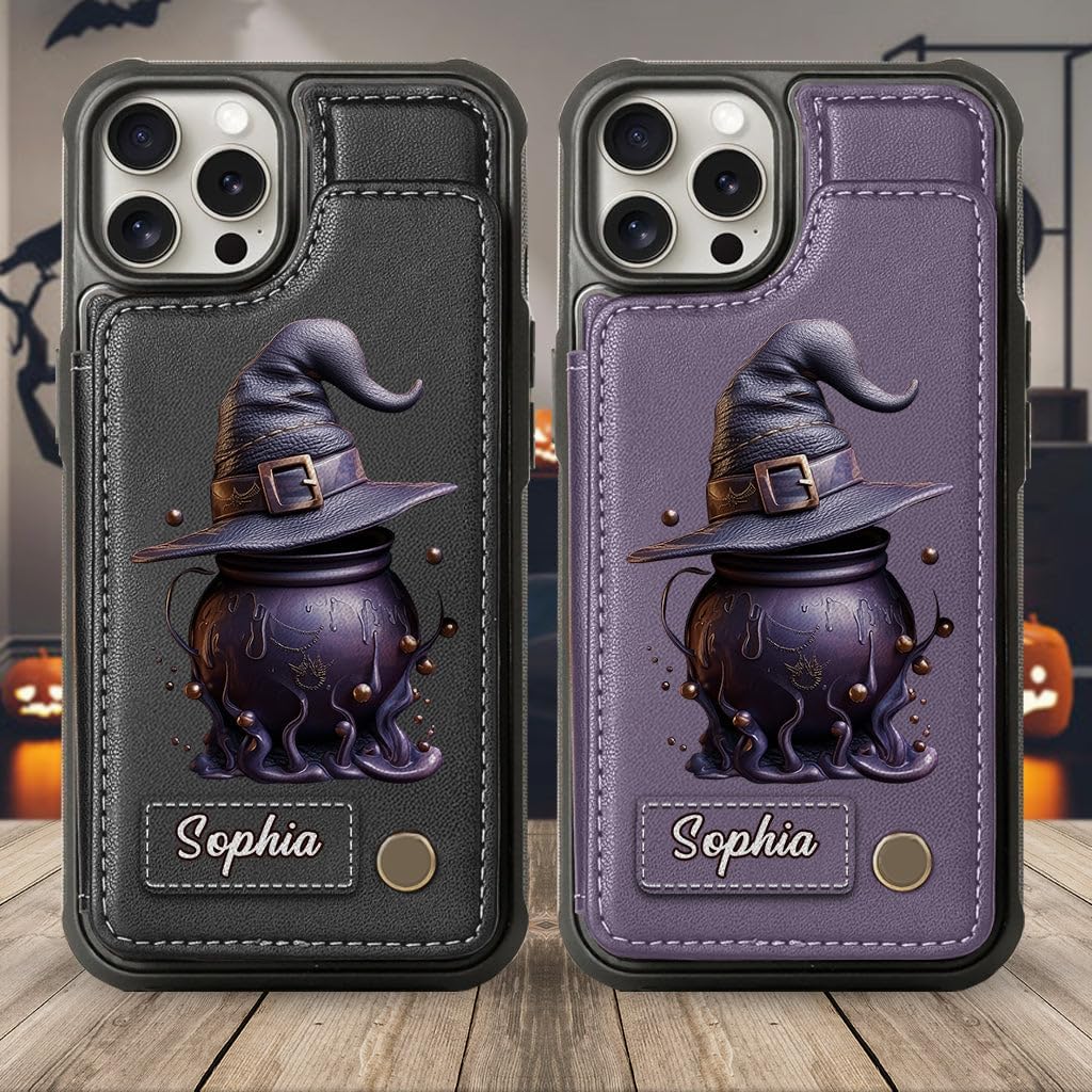 Magical Hat And Cauldron - Personalized Witch Wallet Phone Case, Halloween Birthday Gift Idea For Yourself, Women, Witch Lovers, Spooky Gothic Case For iPhone