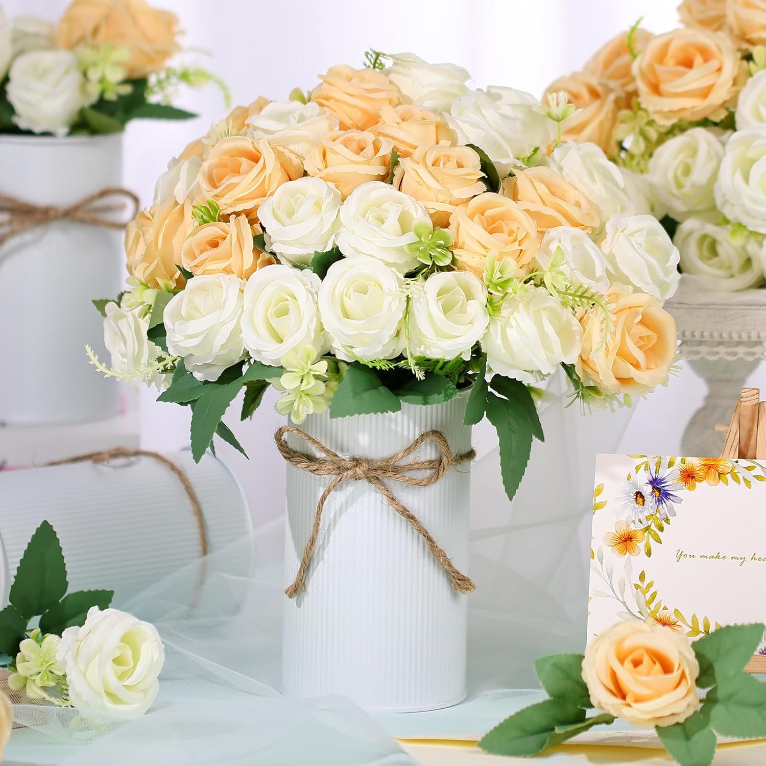 6 Set Wedding Centerpieces for Tables 12 Pcs Champagne and White Silk Rose Centerpiece Table Decorations with 6 Pcs 6 Inch Galvanized Vases for Bridal Shower Home Office Farmhouse Floral Arrangements - Image 8