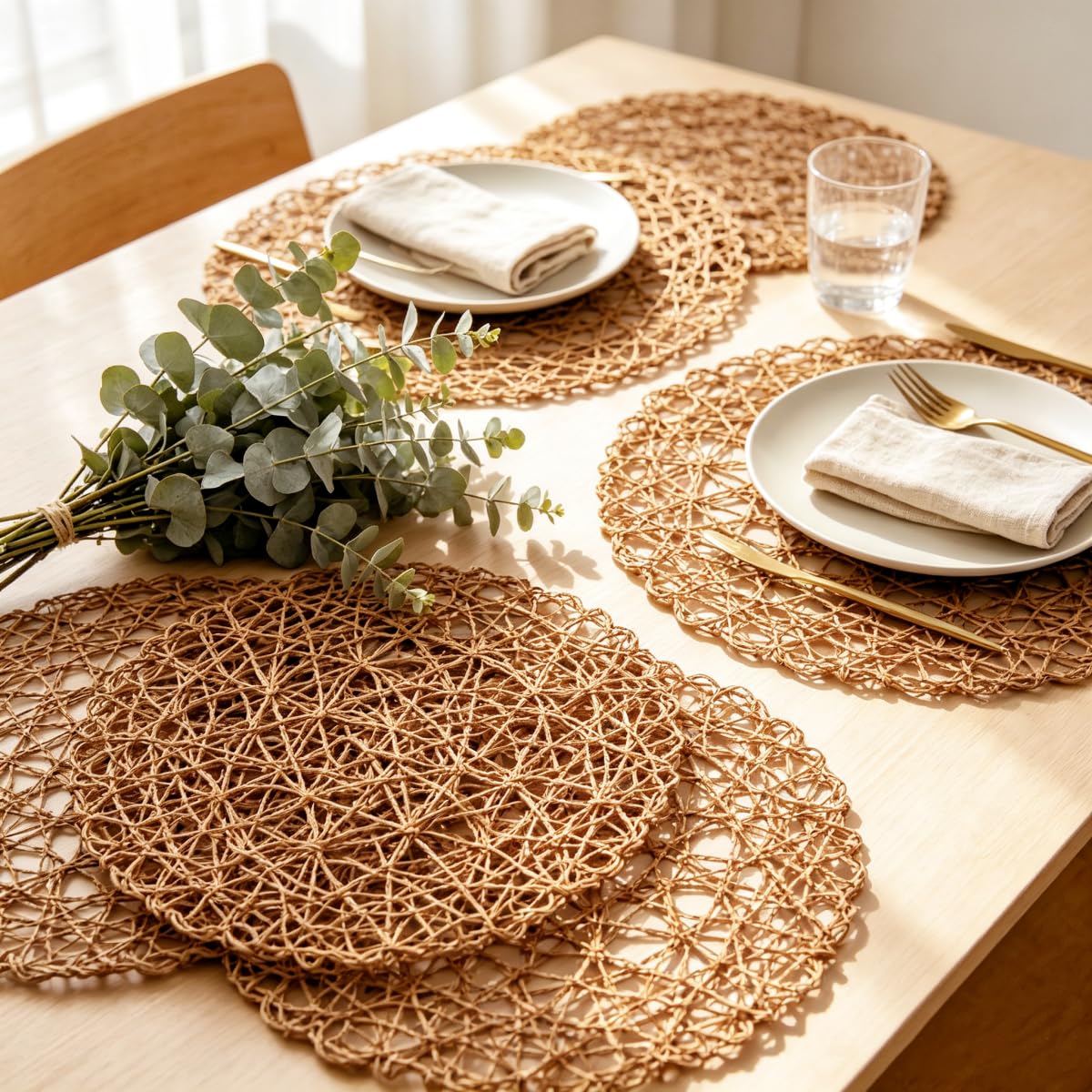 IcosaMro Braune runde Tischsets für Esstisch, 33 cm, Papier, gewebt, Boho, klein, dekorativ, rund, Platzset für Hochzeit, Weihnachten, Erntedankfest, Urlaub, Abendessen, Hellkaffeebraun
