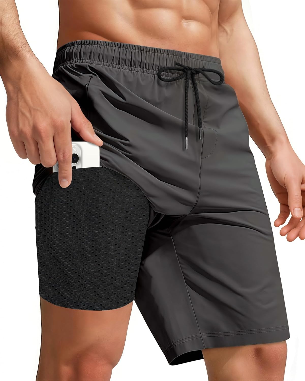 Men Swim Trunks with Compression 9 Inches Breathable Liner Quick Dry Zipper Pockets for Board Beach Gym Running
