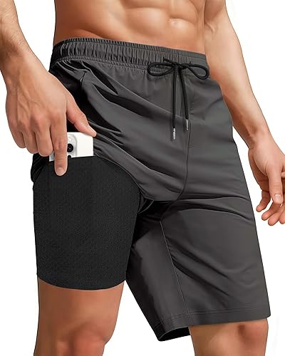 Men Swim Trunks with Compression 9 Inches Breathable Liner Quick Dry Zipper Pockets for Board Beach Gym Running