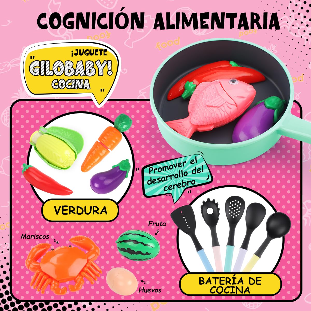 GILOBABY Accesorios de Cocina para Niños, Juguetes Educativos con Juego de Ollas y Utensilios, Alimentos y Juguetes