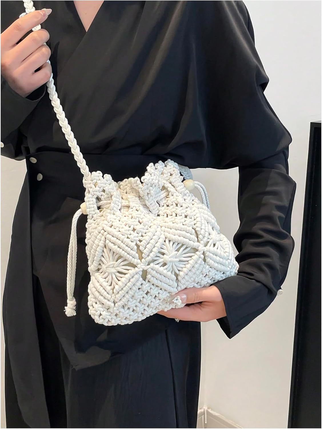 OYOANGLE Women's Braided Bucket Bag Drawstring Crossbody Bags Hollow Out Crochet Shoulder Handbag - Image 3