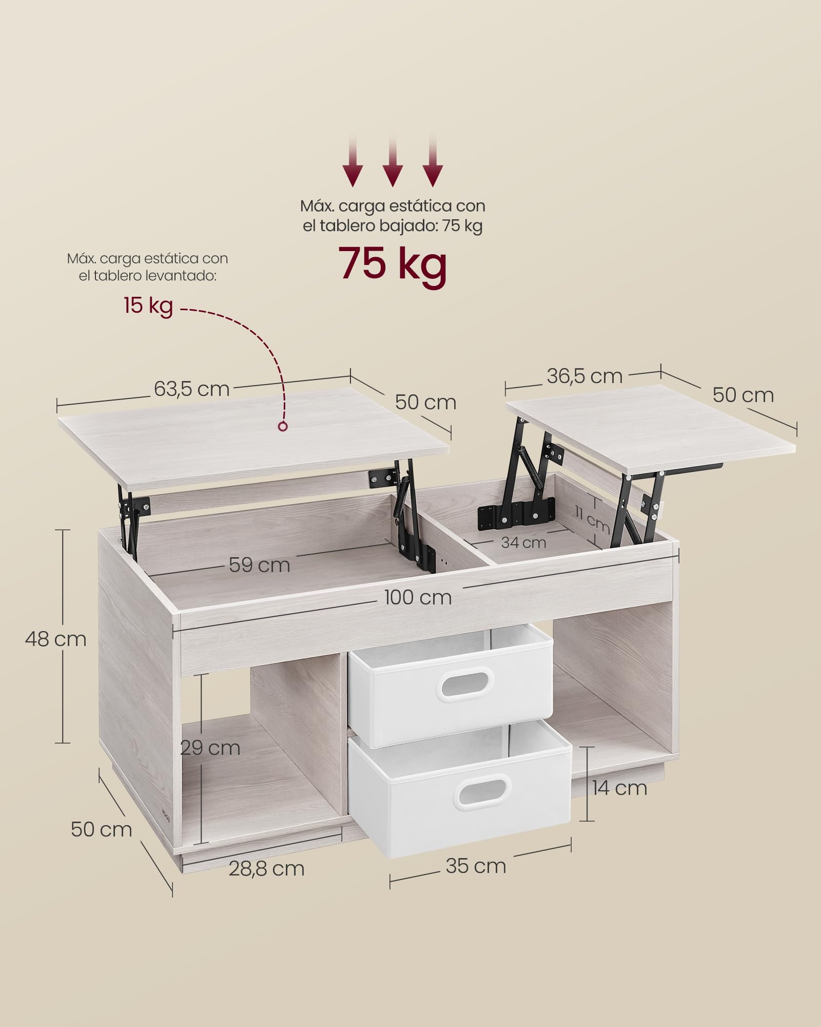 VASAGLE Mesa de Centro, Mesa de Café con Tablero Elevable, 2 Cajones y Compartimentos Ocultos, Compartimentos Abiertos, para Sala de Estar, Estudio, Beige Avena LCT210K01