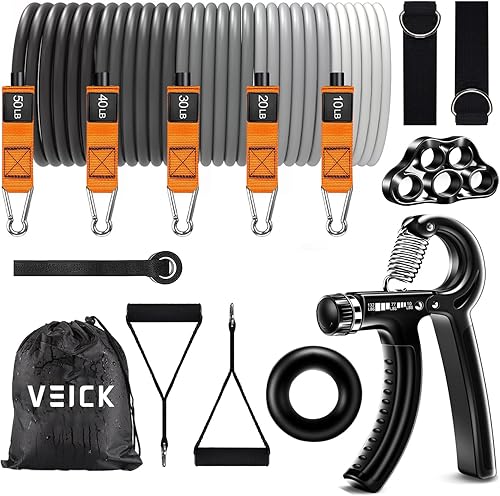 Miniatura 10 de VEICK Bandas de resistencia, bandas de ejercicio, bandas de entrenamiento, bandas de resistencia para entrenar con asas para hombres y mujeres, Gris