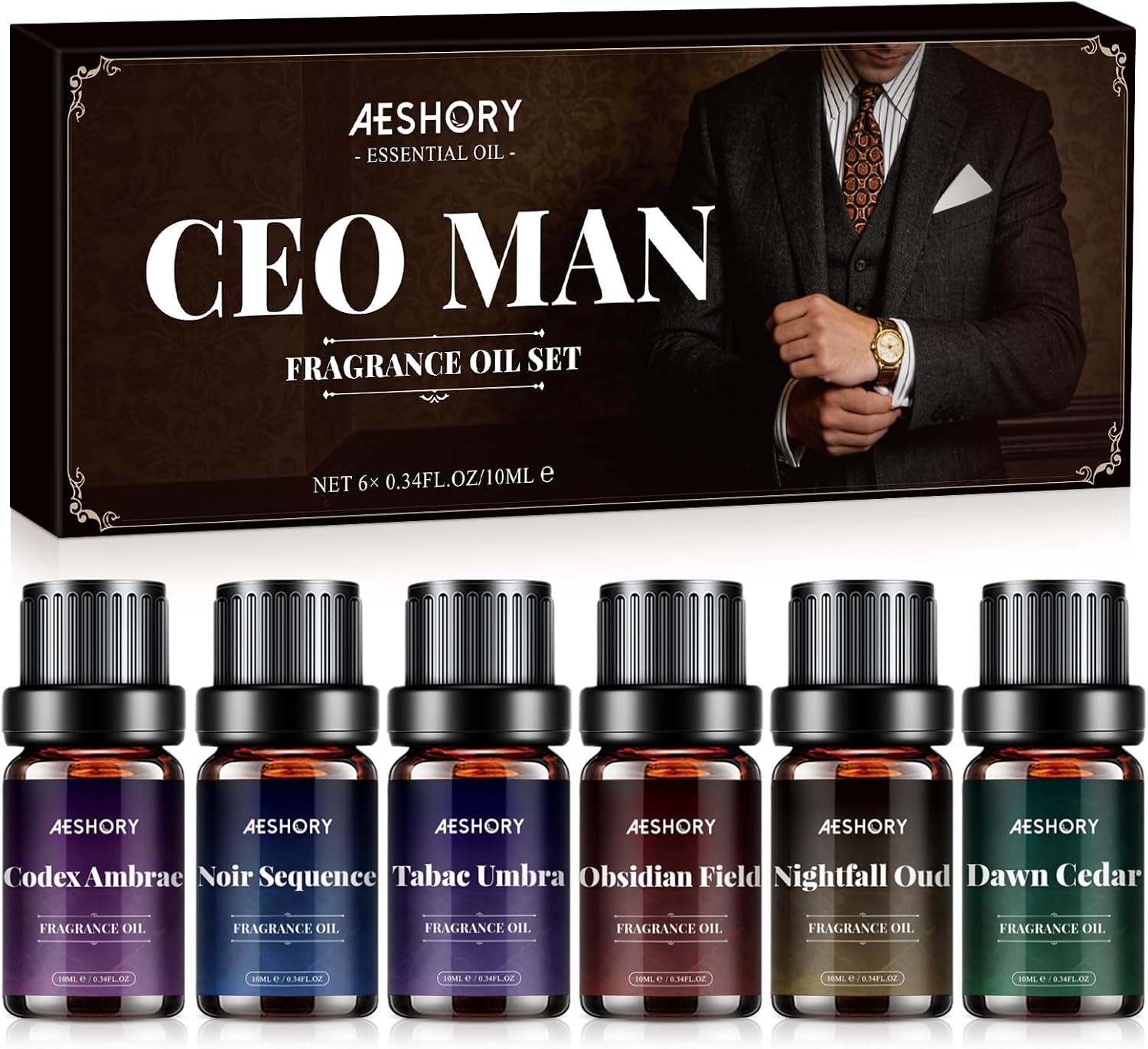 Aeshory Zestaw Olejków Eterycznych Ceo Dla Mężczyzn 6 X 10 ml, Zestaw Prezentowy Z Olejkami Zapachowymi Do Aromaterapii, Do Wyrobu Świec – Dawn Cedar, Nightfall Oud, Obsidian Field, Tobacco Umbra