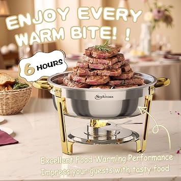 Chafing Dishes for Buffet 4 Pack, 6QT Round Chafing Dishes for Buffet [Elegant Gold and Silver Colors] Stainless Steel Chafing Dish Buffet Set for Any Party