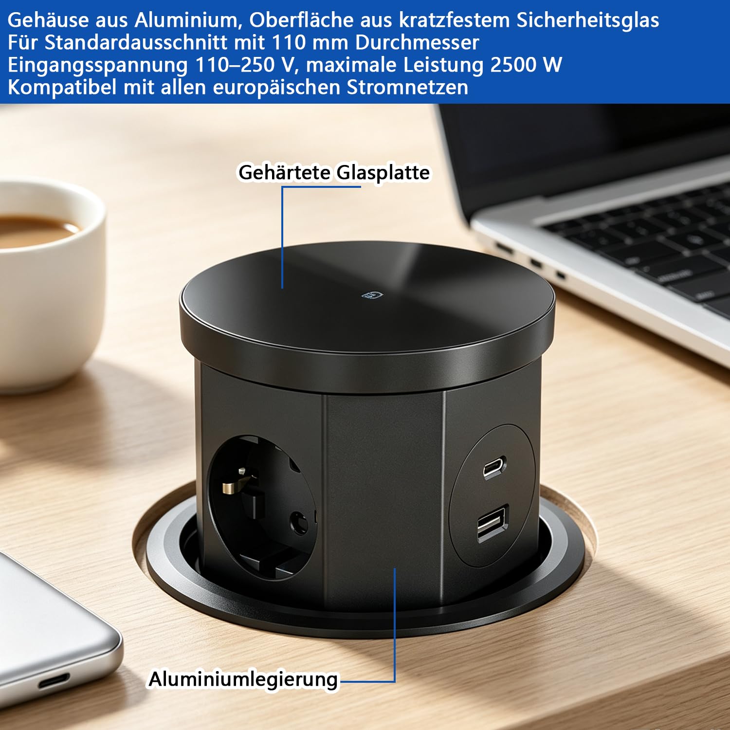 Versenkbare Steckdose, 2500W EU Versenkte Steckdose 3 Fach mit 15W Kabellosem Ladegerät & USB C & USB A & 1,5M Netzkabel, Tischsteckdose für Büro, Arbeitsplatte, Zuhause, Küche(Schwarz)