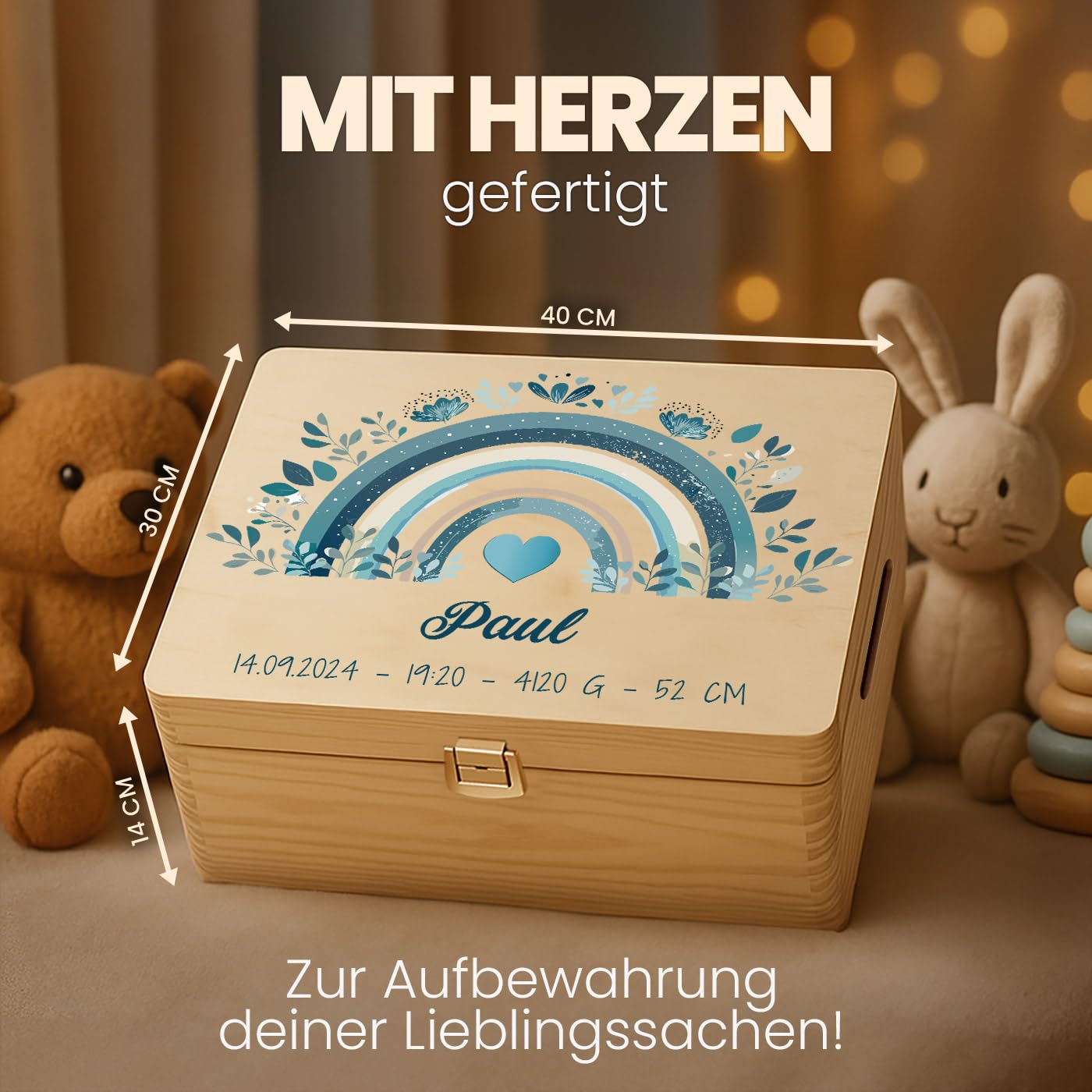 Maverton Erinnerungsbox Baby mit Namen - Aufbewahrungsbox mit Deckel - personalisierte Geschenke Baby - Geschenk für Mädchen und Jungen zur Geburt zur Taufe - aus Kiefernholz