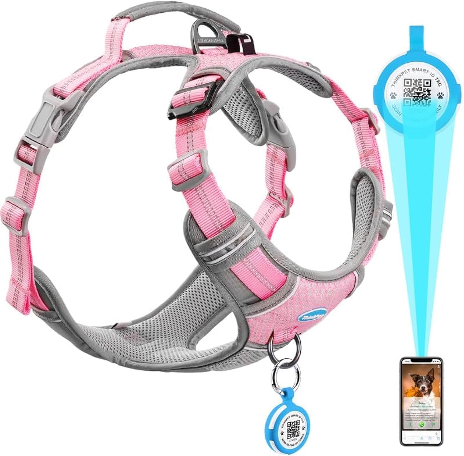 ThinkPet Medium Canine Harness with No Pull Design, Reflective Straps, Adjustable Match, QR Code ID Tag, Airtags Holder – Star Pink