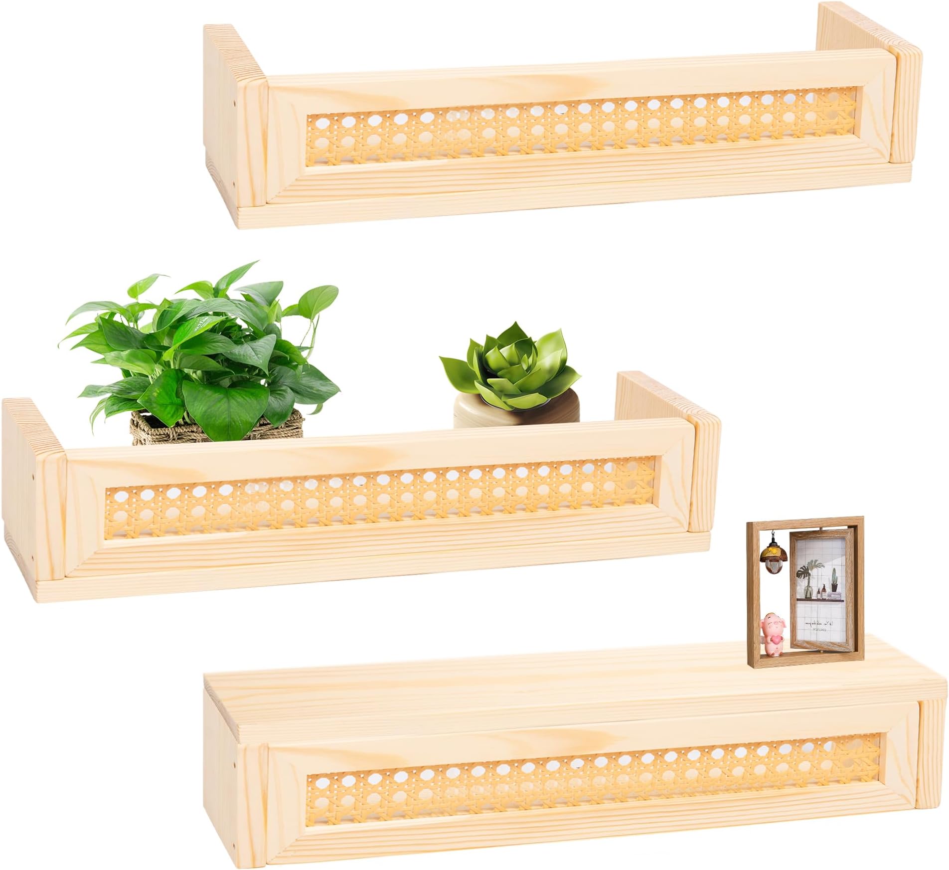 Defined Deco 3 Pack Floating Rattan Shelves, 16" Boho Rattan Wall Shelf Storage for Bathroom and Kitchen, Floating Wicker Bookshelf Rattan for Kids and Nursery Room Bookcases or Toy Decor