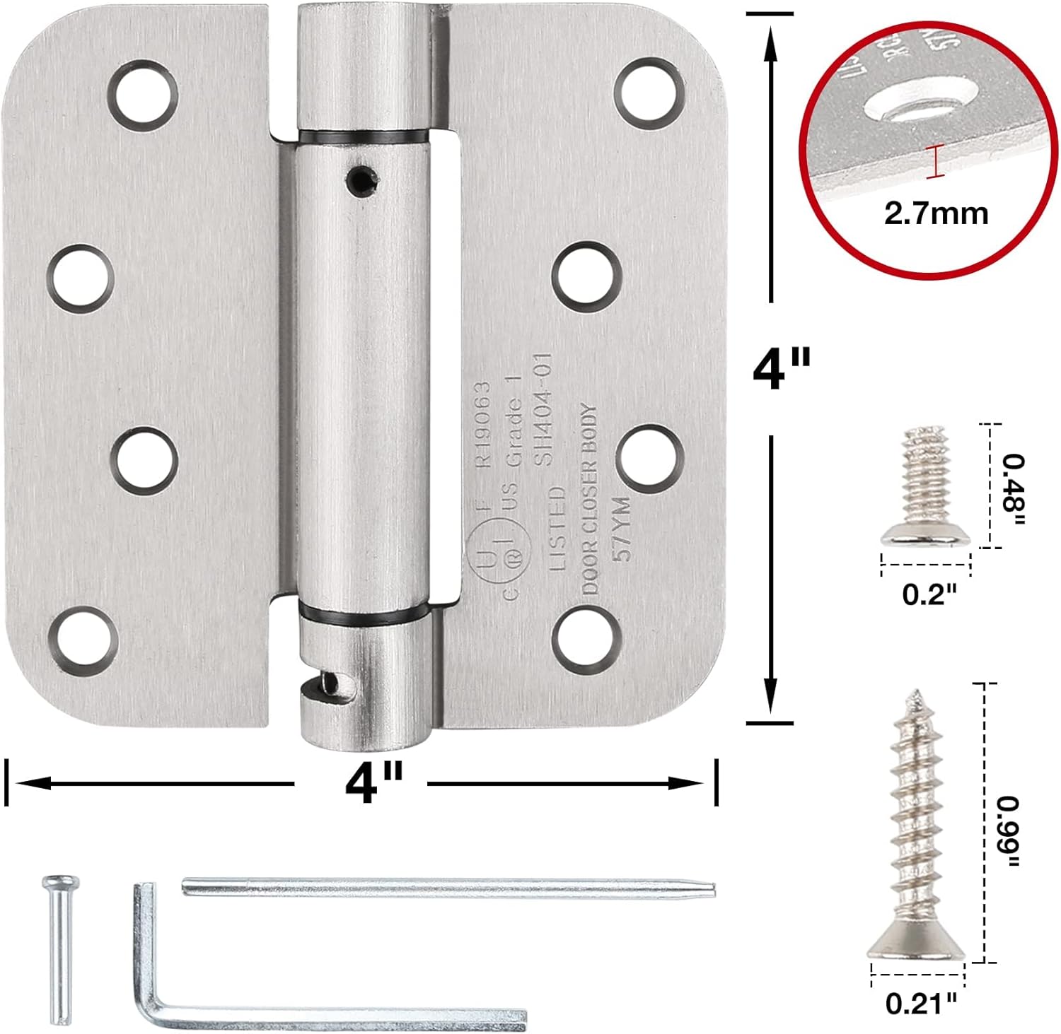 KIW Matte Black Modern 4x4x5/8 Steel Mortise Spring Hinges, 4 Pack, Self-Closing, Soft Close, 8 Holes, 1-3/4" Thick, Adjustable Tension