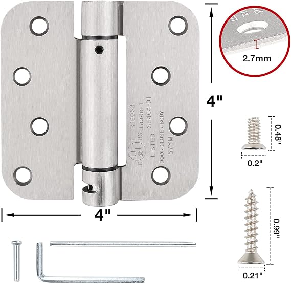 2 Pack Automatic Self-Closing Door Hinges Satin/Brushed Nickel Spring Hinge Auto Soft Close Hinges for Doors 5/8 Radius Fire Front Interior Door Hinge Bathroom Pantry Laundry Basement