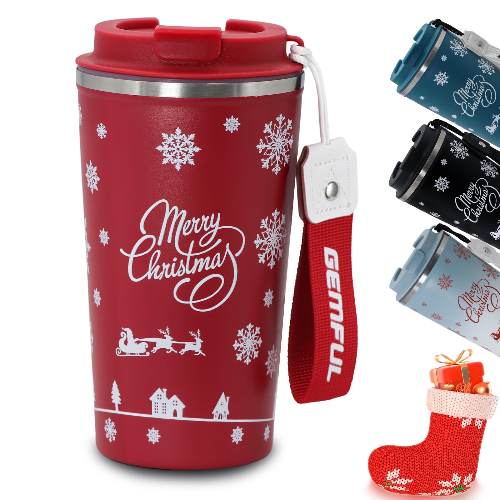 GEMFUL 510ml Stainless Steel Christmas Travel Mug. Double-Walled, Leak-Proof, Keeps Drinks Hot for Hours. A Lovely Xmas Present(Red)