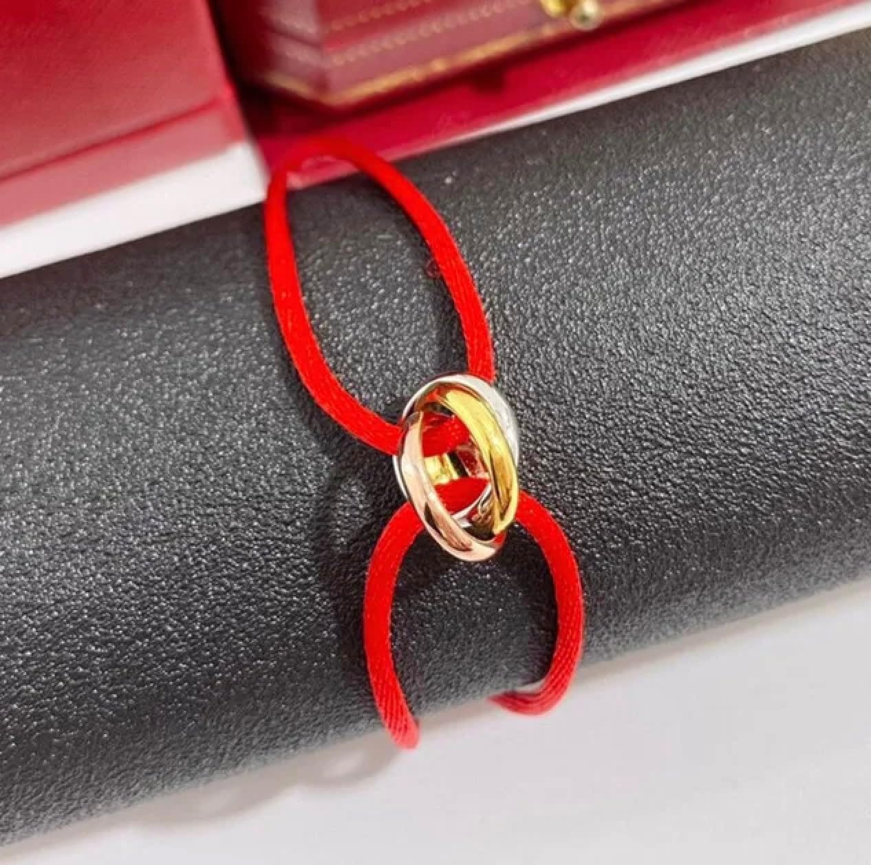 Trinity Red String Knot Bracelet, Red Satin Cord with Gold and Silver Tone Accents, Designer Unisex Bracelet, Luxury Gift - Image 3