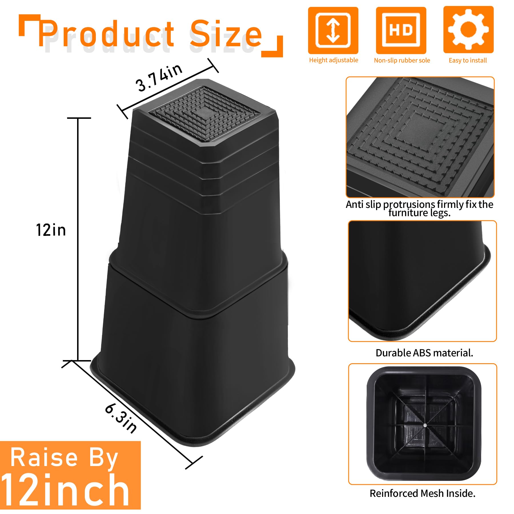 shouwuhho Bed Risers 12 inch Heavy Duty, Oversized Furniture Risers Support up to 6,000 Lbs for Sofa Table Couch Chair Leg Frame Dorm (4 Pack, Black, 12 inch)