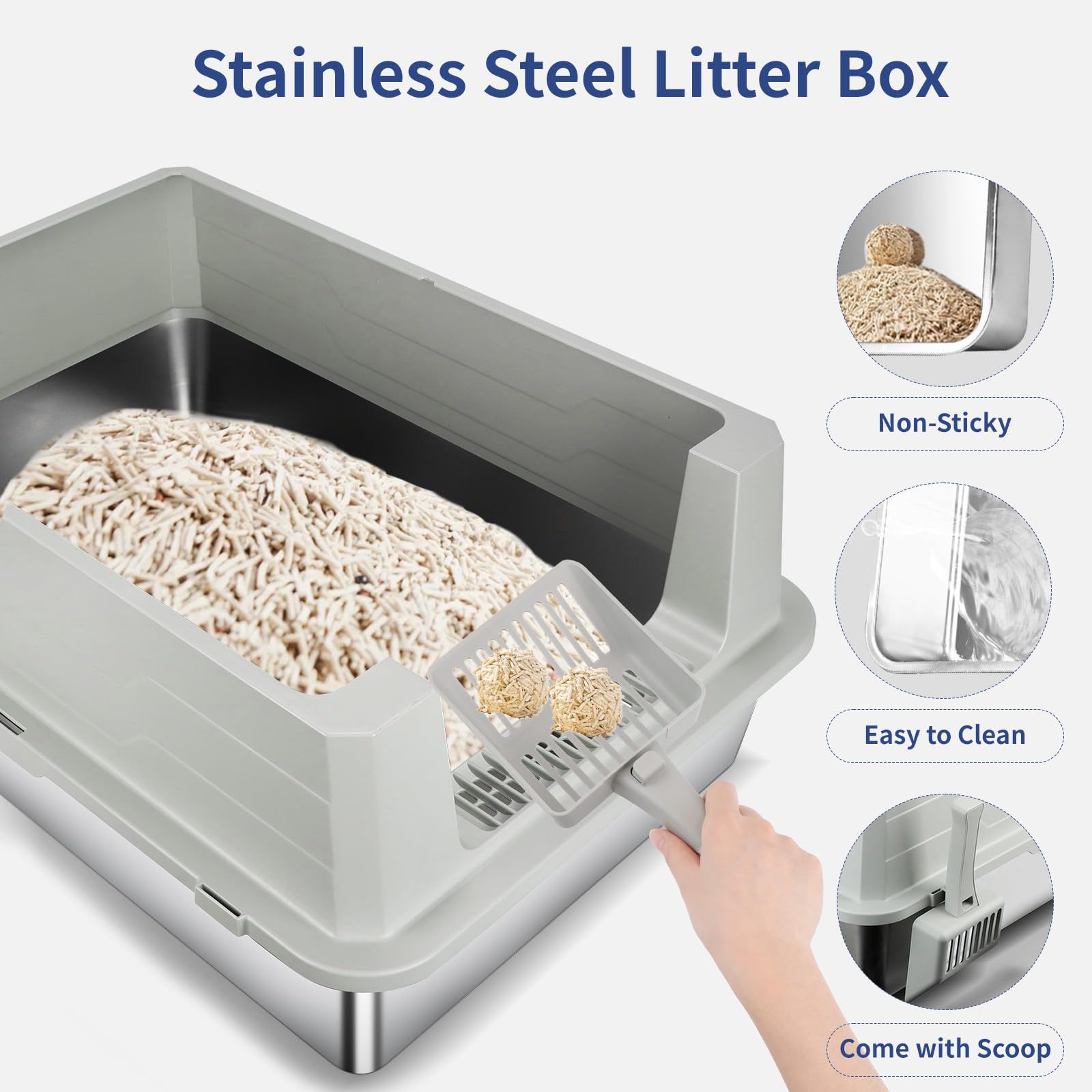 XXXL Stainless Steel Litter Box with Lid, Extra Large 28" L x 20" W x 17" H Enclosed Metal Cat Litter Box with Litter Scoop & Foot Pedal, Odor Control for Big Cats, Multiple Cats (Light Grey) - image 6