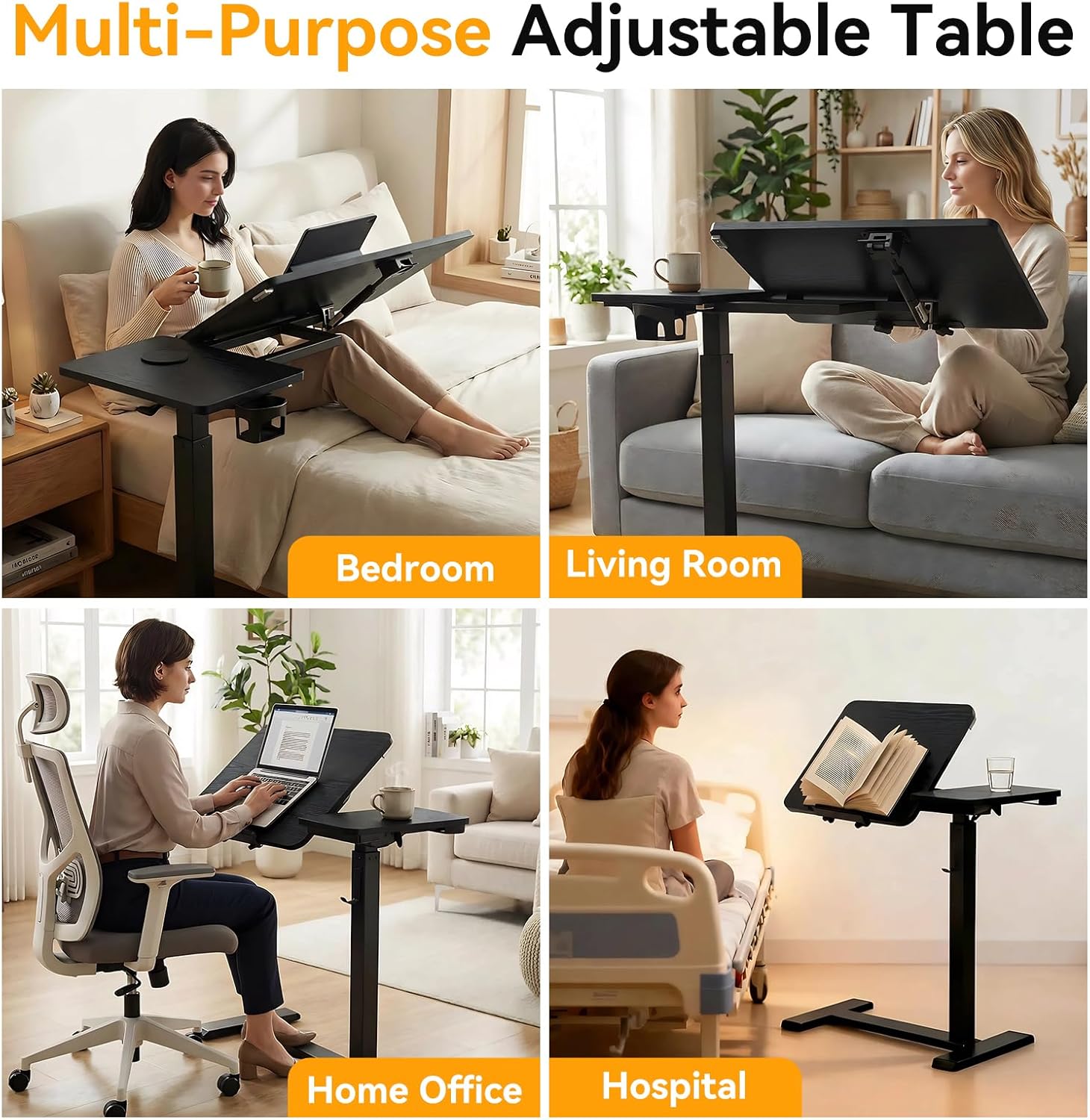 Overbed Bedside Table Adjustable with Wheels, Mobile Standing Stand Up Rolling Laptop PC Desks with Tilting Top Height Tray Side Computer Workstation for Bedroom on Hospital Home Use, Black